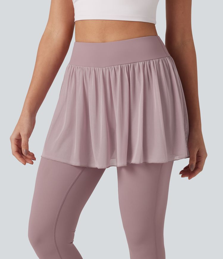 SoftlyZero™ legging-jupe de yoga 2 en 1 à taille haute, aérien au toucher frais, empiècements en mesh contrastant, avec poches — UPF50+