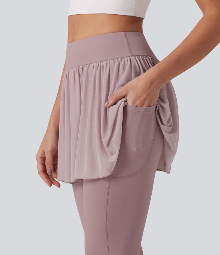 SoftlyZero™ legging-jupe de yoga 2 en 1 à taille haute, aérien au toucher frais, empiècements en mesh contrastant, avec poches — UPF50+