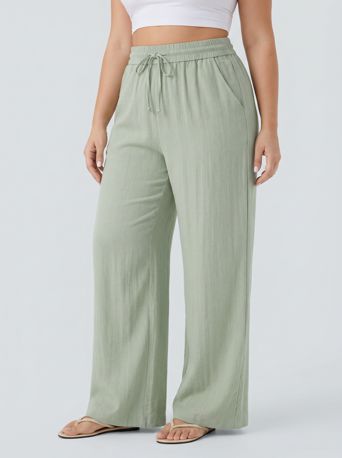 High Waisted Drawstring Linen-Feel Wide Leg Casual Plus Size Trousers with Pockets