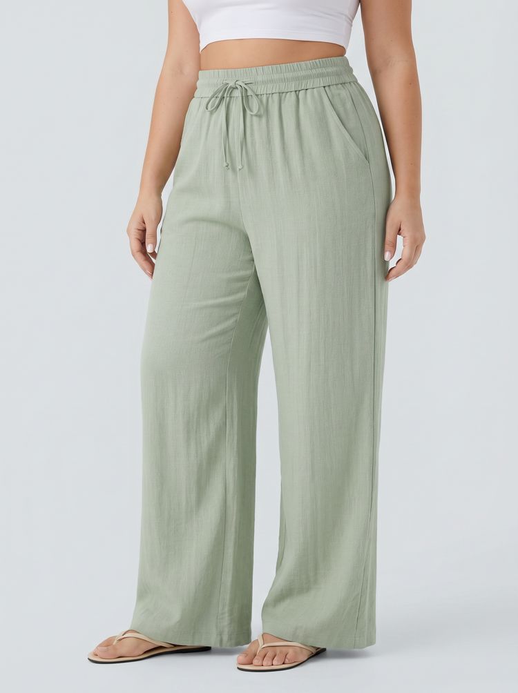 High Waisted Drawstring Linen-Feel Wide Leg Casual Plus Size Trousers with Pockets