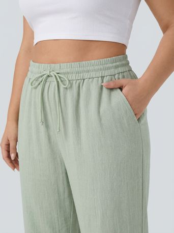 High Waisted Drawstring Linen-Feel Wide Leg Casual Plus Size Trousers with Pockets
