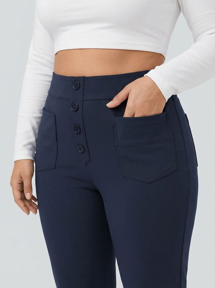 Casual Rechte Broek met Hoge Taille en Zakken, in Grote Maten