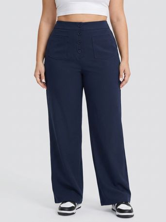 Casual Rechte Broek met Hoge Taille en Zakken, in Grote Maten