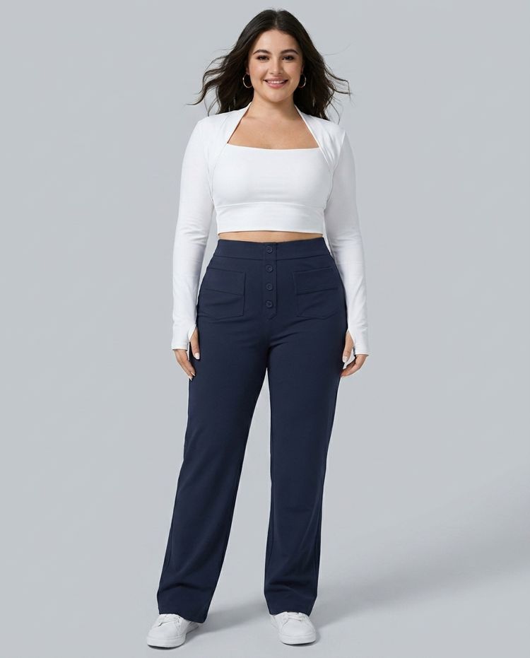 DayStretch High Waisted Pockets Straight Leg Casual Plus Size Trousers