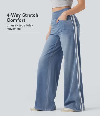 Halara Flex™ jeans med høy midje, stripete, vide og lett fallende ben i vasket look med lommer