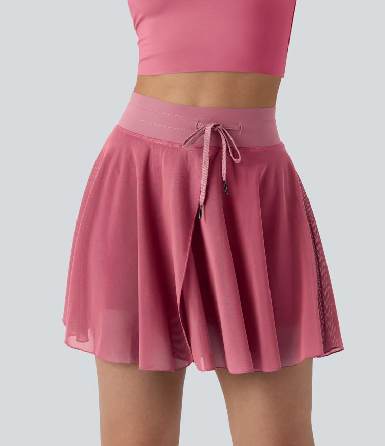High Waisted Drawstring Contrast Mesh 2-in-1 Pocket Flowy Mini Flare Casual Skirt-Longer Length