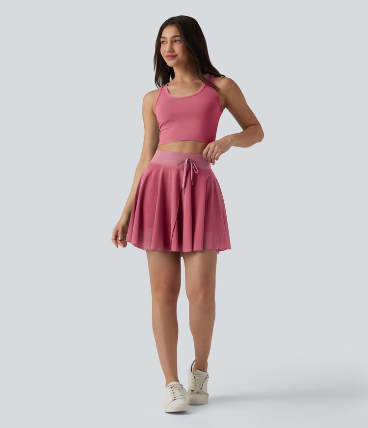 High Waisted Drawstring Contrast Mesh 2-in-1 Pocket Flowy Mini Flare Casual Skirt-Longer Length