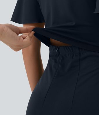 Round Neck Short Sleeve Tie Front Wide Leg Jumpsuit with Pockets-Easy Peezy Edition