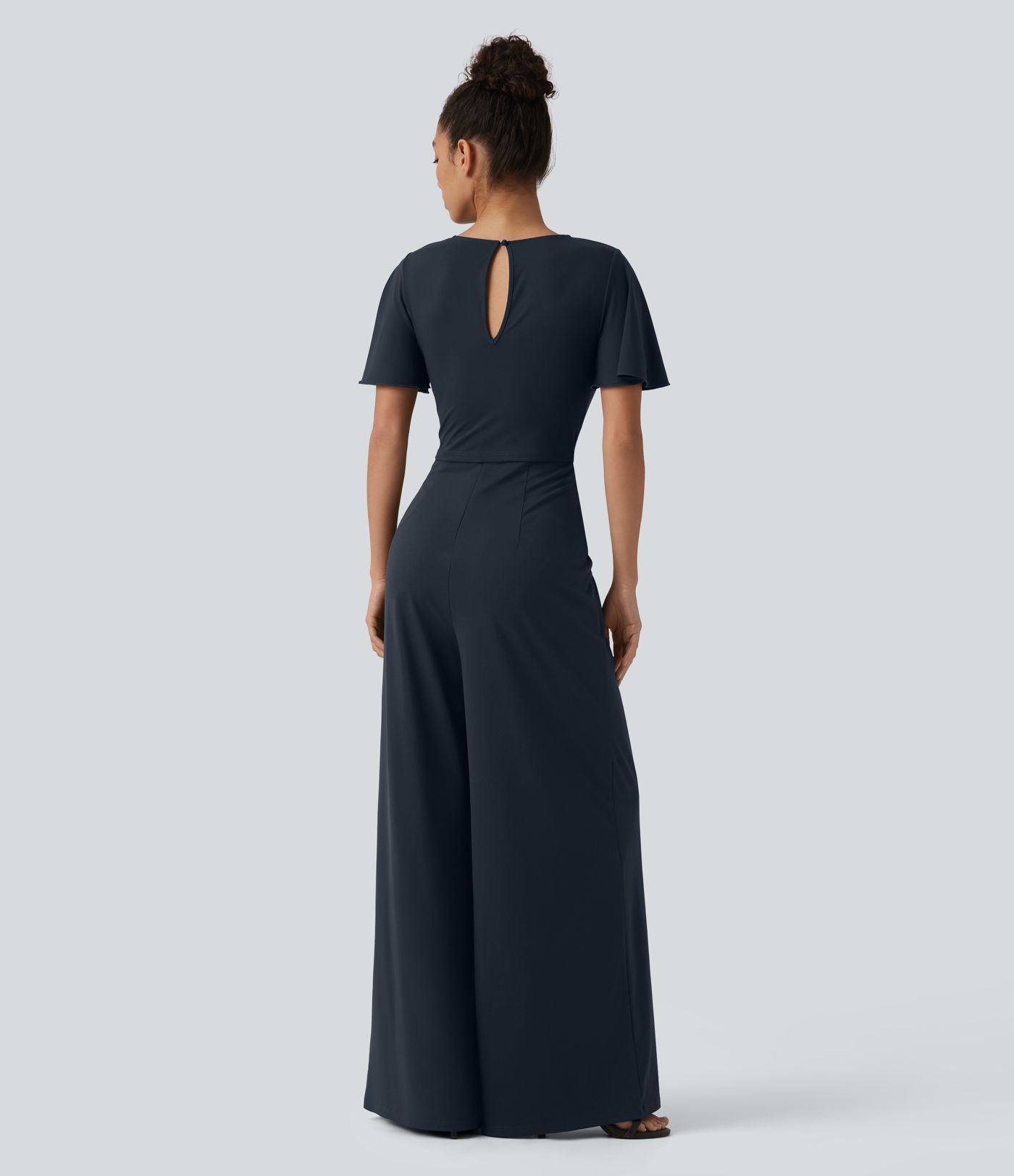 Round Neck Short Sleeve Tie Front Wide Leg Jumpsuit with Pockets-Easy Peezy Edition