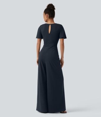 Round Neck Short Sleeve Tie Front Wide Leg Jumpsuit with Pockets-Easy Peezy Edition