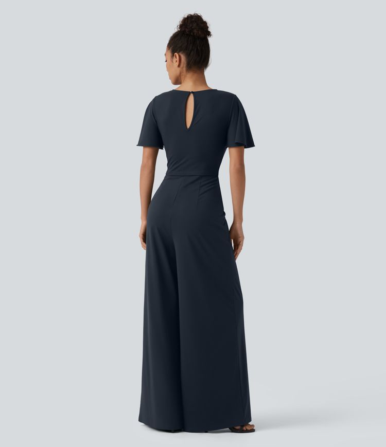 Round Neck Short Sleeve Tie Front Wide Leg Jumpsuit with Pockets-Easy Peezy Edition