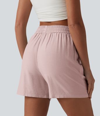 High Waisted Drawstring Casual Linen-Blend Baggy Shorts 5'' with Pockets