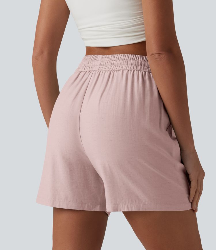 High Waisted Drawstring Casual Linen-Blend Baggy Shorts 5'' with Pockets