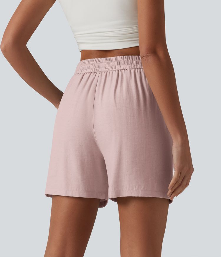 High Waisted Drawstring Casual Linen-Blend Baggy Shorts 5'' with Pockets