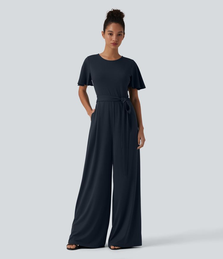 Round Neck Short Sleeve Tie Front Wide Leg Jumpsuit with Pockets-Easy Peezy Edition