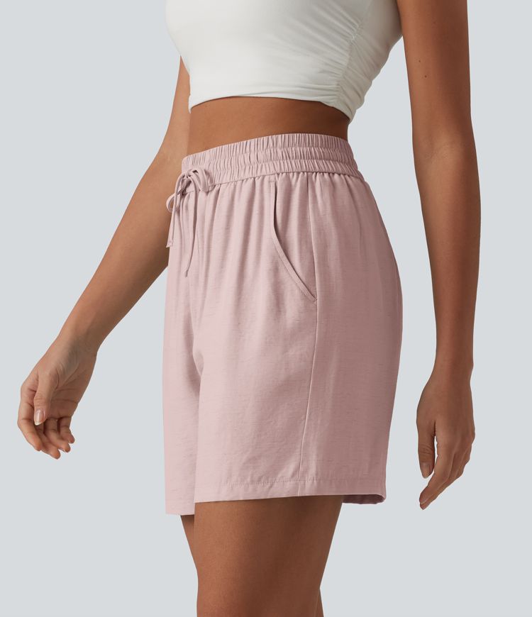 High Waisted Drawstring Casual Linen-Blend Baggy Shorts 5'' with Pockets