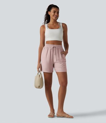 High Waisted Drawstring Casual Linen-Blend Baggy Shorts 5'' with Pockets