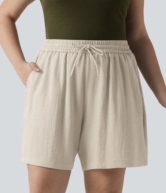 Lässige Shorts in Leinenoptik mit hohem Bund, Seitentaschen und Kordelzug - Plus-Size