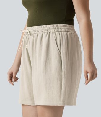 Lässige Shorts in Leinenoptik mit hohem Bund, Seitentaschen und Kordelzug - Plus-Size