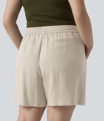 Lässige Shorts in Leinenoptik mit hohem Bund, Seitentaschen und Kordelzug - Plus-Size