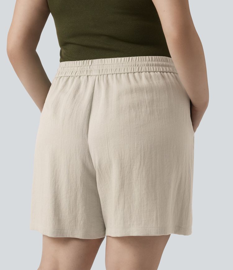 Lässige Shorts in Leinenoptik mit hohem Bund, Seitentaschen und Kordelzug - Plus-Size