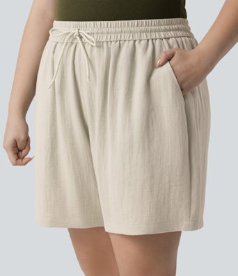 Lässige Shorts in Leinenoptik mit hohem Bund, Seitentaschen und Kordelzug - Plus-Size