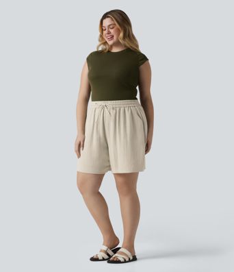Lässige Shorts in Leinenoptik mit hohem Bund, Seitentaschen und Kordelzug - Plus-Size
