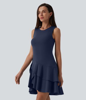 SoftlyZero™ Airy Robe mini casual col rond sans manches à volants superposés toucher frais SoftlyZero™ Airy Robe mini casual col rond sans manches à volants superposés toucher frais