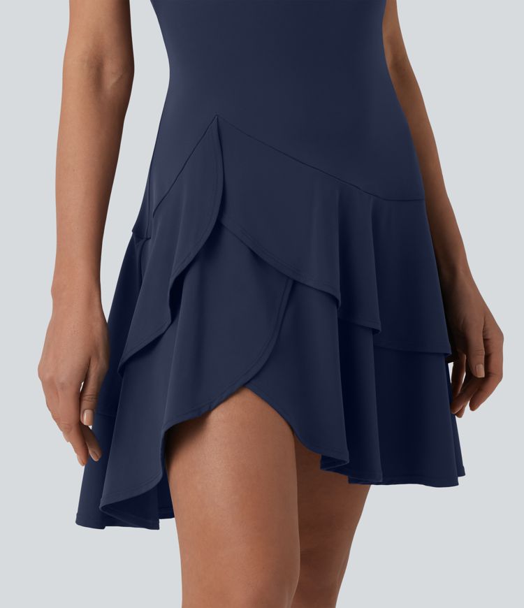 SoftlyZero™ Airy Robe mini casual col rond sans manches à volants superposés toucher frais SoftlyZero™ Airy Robe mini casual col rond sans manches à volants superposés toucher frais