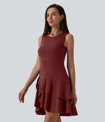 SoftlyZero™ Airy Round Neck Sleeveless Layered Ruffle Hem Cool Touch Mini Casual Dress