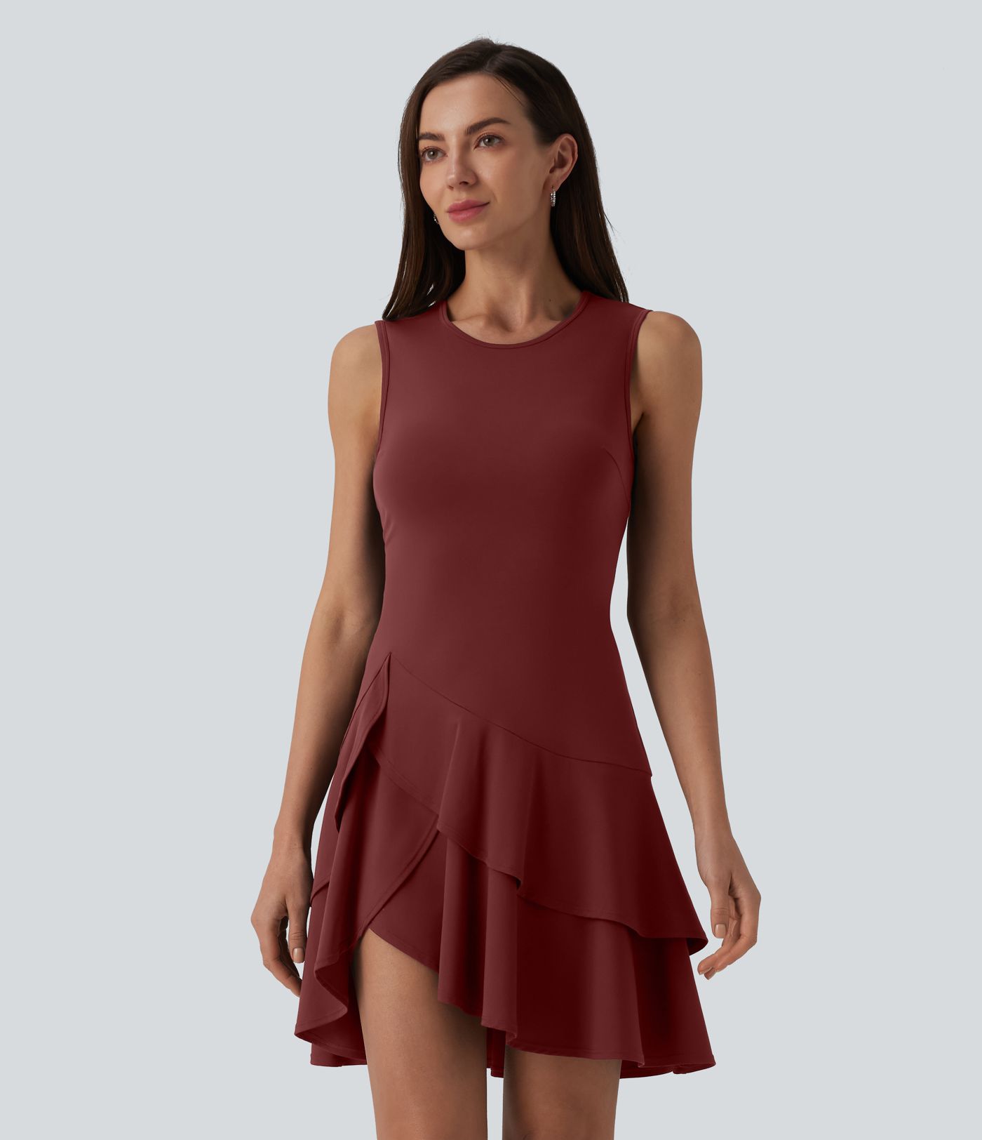 SoftlyZero™ Airy Round Neck Sleeveless Layered Ruffle Hem Cool Touch Mini Casual Dress