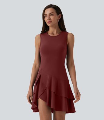 SoftlyZero™ Airy Round Neck Sleeveless Layered Ruffle Hem Cool Touch Mini Casual Dress