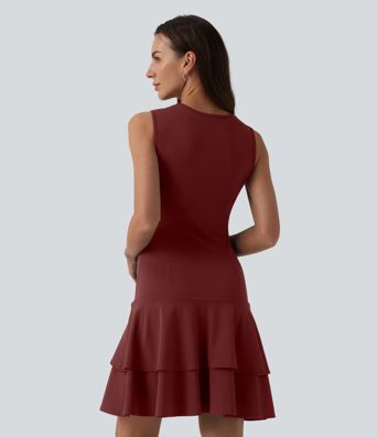 SoftlyZero™ Airy Round Neck Sleeveless Layered Ruffle Hem Cool Touch Mini Casual Dress