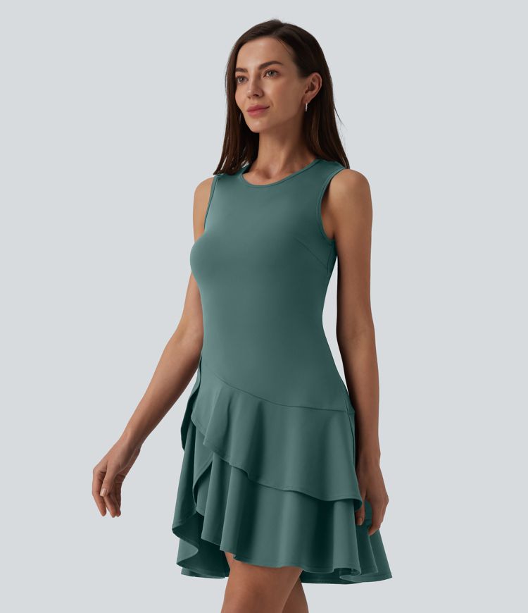 SoftlyZero™ luftiges, ärmelloses Minikleid mit rundem Halsausschnitt und gestuftem Rüschen-Saum, InstantCool, lässig