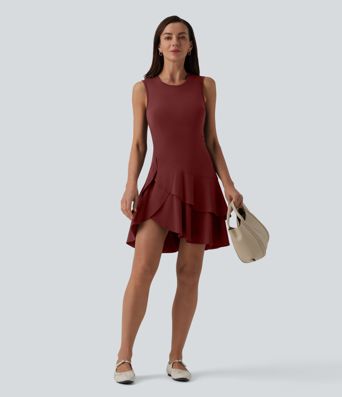 SoftlyZero™ Airy Round Neck Sleeveless Layered Ruffle Hem Cool Touch Mini Casual Dress