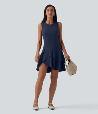 SoftlyZero™ Airy Robe mini casual col rond sans manches à volants superposés toucher frais SoftlyZero™ Airy Robe mini casual col rond sans manches à volants superposés toucher frais