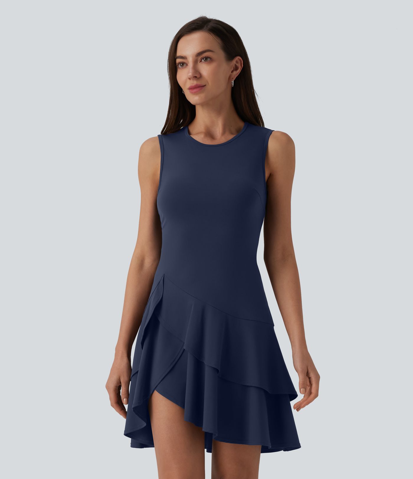 SoftlyZero™ Airy Robe mini casual col rond sans manches à volants superposés toucher frais SoftlyZero™ Airy Robe mini casual col rond sans manches à volants superposés toucher frais