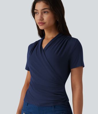 V Neck Short Sleeve Work Blouse