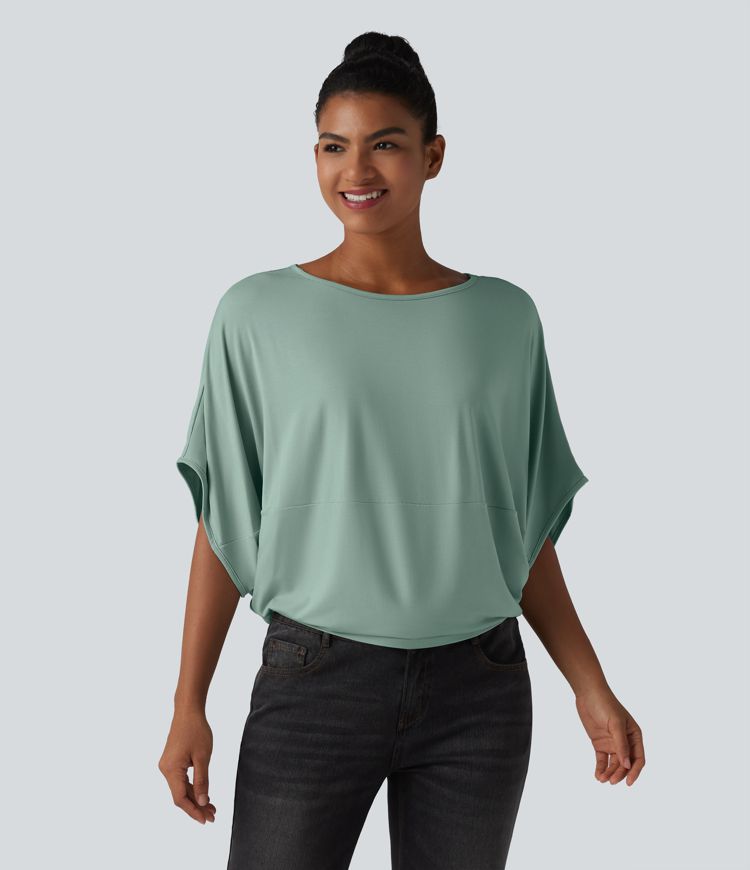 Round Neck Batwing Sleeve Relaxed Casual Top Round Neck Batwing Sleeve Relaxed Casual Top