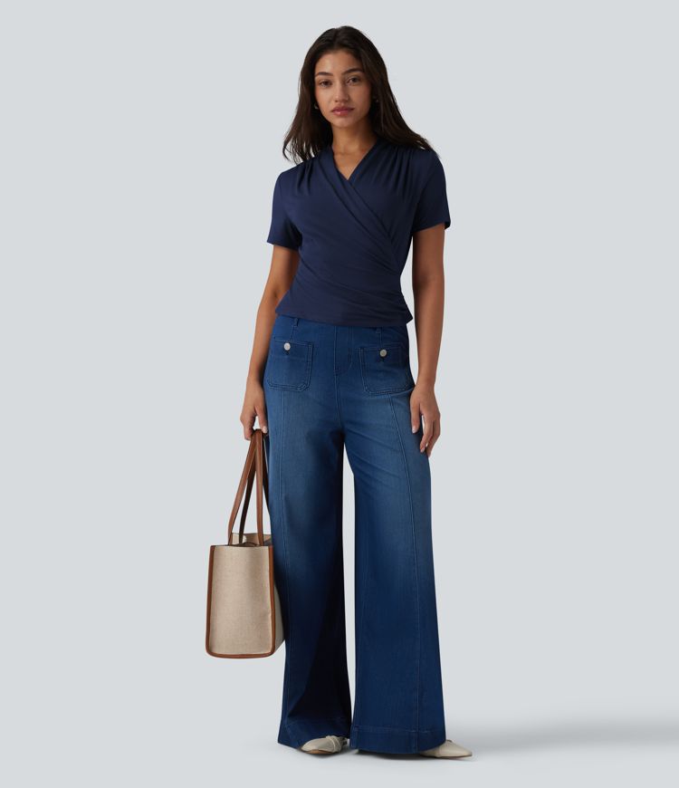 V Neck Short Sleeve Work Blouse