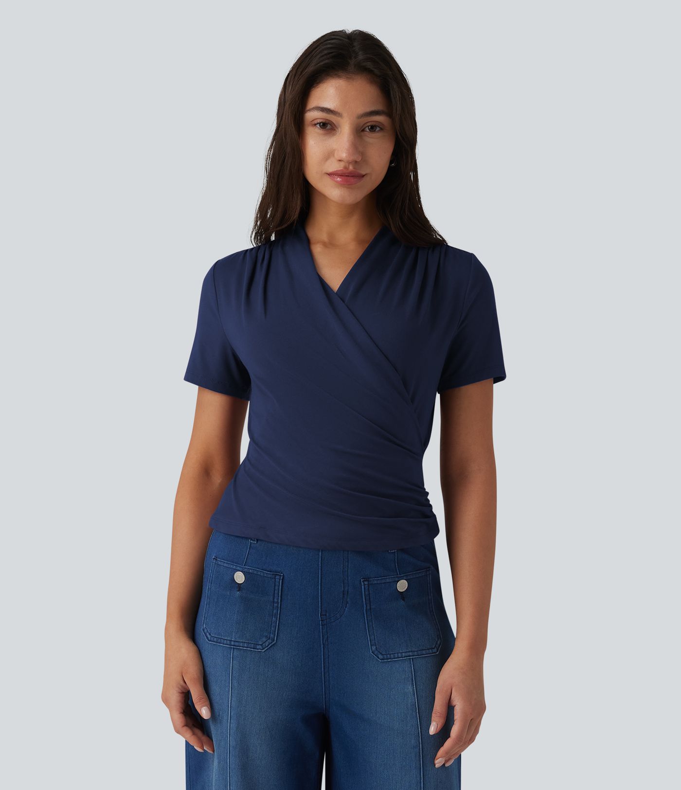 V Neck Short Sleeve Work Blouse