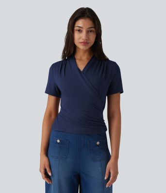 V Neck Short Sleeve Work Blouse