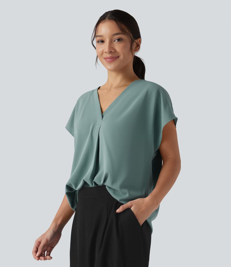 Wrinkle-resistant V-neck Short Sleeve Oversized Work Blouse Wrinkle-resistant V-neck Short Sleeve Oversized Work Blouse