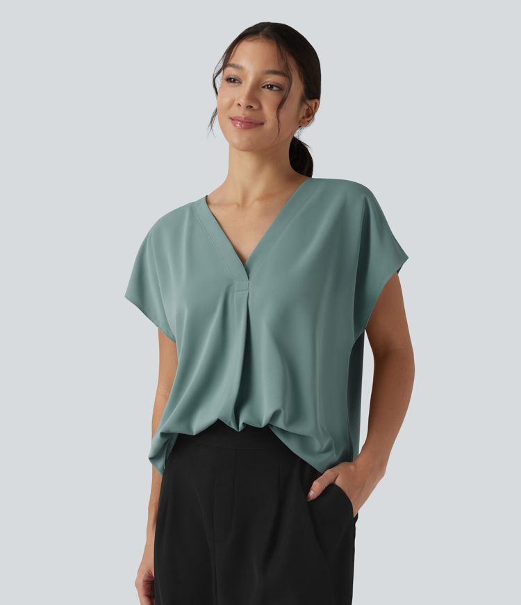 Wrinkle-resistant V-neck Short Sleeve Oversized Work Blouse Wrinkle-resistant V-neck Short Sleeve Oversized Work Blouse
