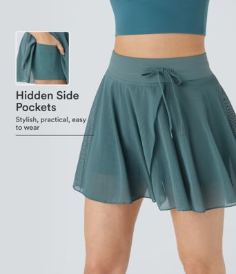 High Waisted Drawstring Contrast Mesh 2-in-1 Pocket Flowy Mini Flare Casual Skirt