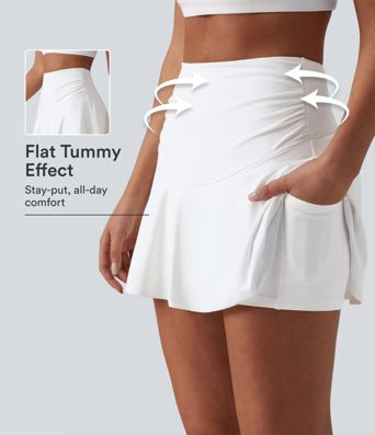 High Waisted Ruched Tummy Control 2-in-1 Cool Touch Quick Dry Mini Workout A-Line Skirt with Pockets-UPF50+