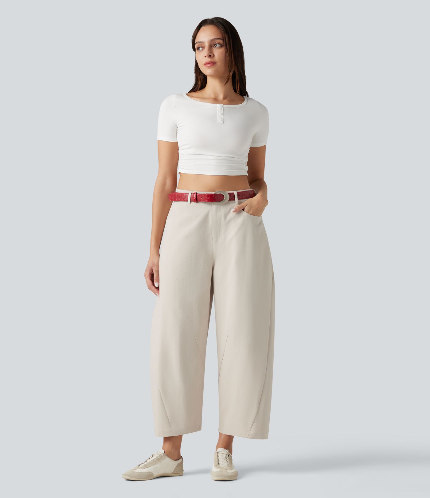 Mid Rise Loose Fit Casual Barrel Leg Pants with Pockets