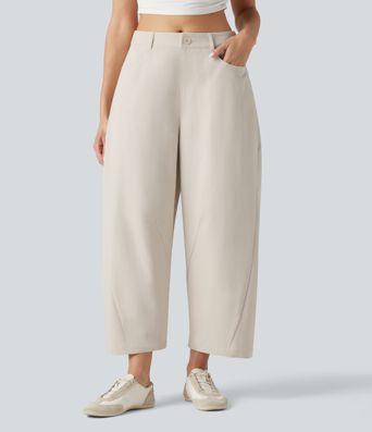 Mid Rise Loose Fit Casual Barrel Leg Pants with Pockets