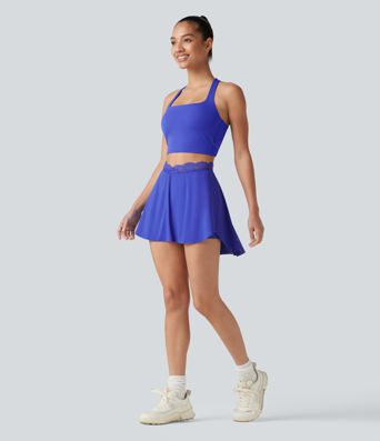 SoftlyZero™ Airy High Waisted Contrast Lace Curved Split Hem 2-in-1 Mini Tennis Skirt with Pockets-UPF50+