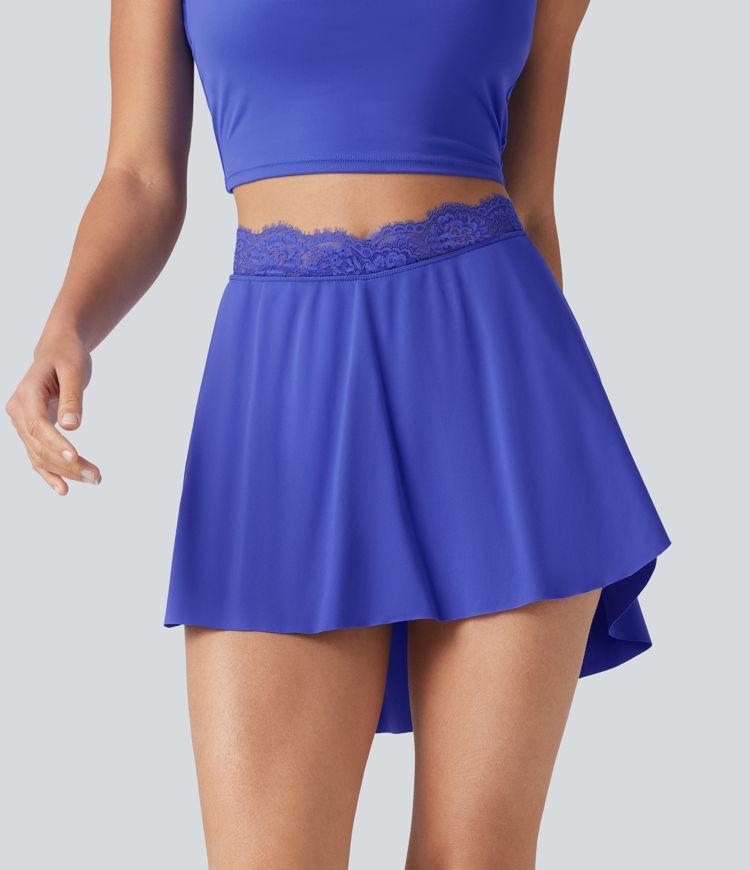 SoftlyZero™ Airy High Waisted Contrast Lace Curved Split Hem 2-in-1 Mini Tennis Skirt with Pockets-UPF50+